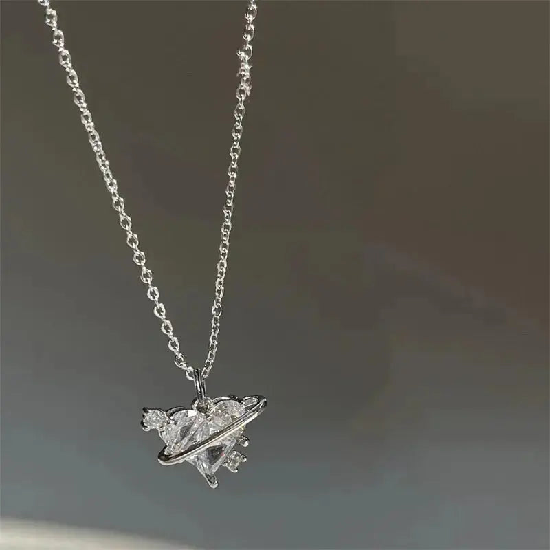 Y2K Pink Planet Heart Zircon Pendant Necklaces Women Fashion Aesthetic Clavicle Chain Necklace Valentines Day Gift Party Jewelry Smart_Life_Tech