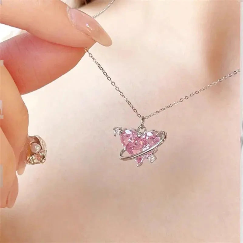 Y2K Pink Planet Heart Zircon Pendant Necklaces Women Fashion Aesthetic Clavicle Chain Necklace Valentines Day Gift Party Jewelry Smart_Life_Tech