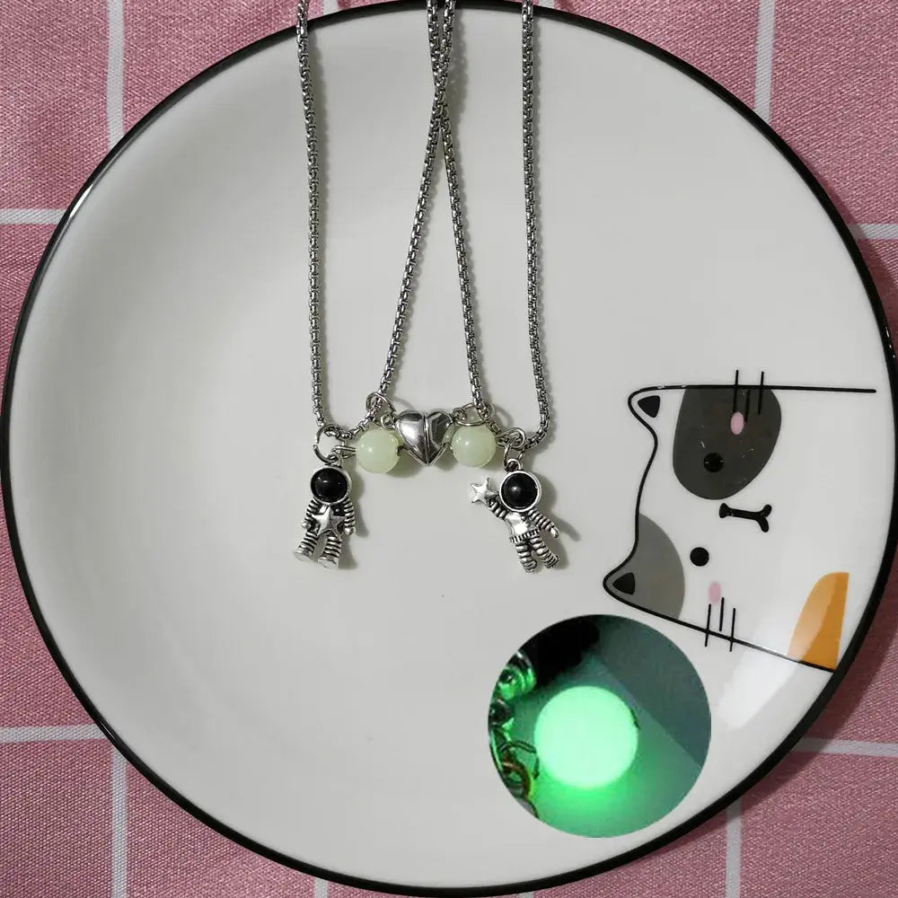2PCS Luminous Hexagonal Column Couple Magnetic Necklace for Women Romantic Natural Stone Geometric Pendant Astronaut Necklace Smart_Life_Tech