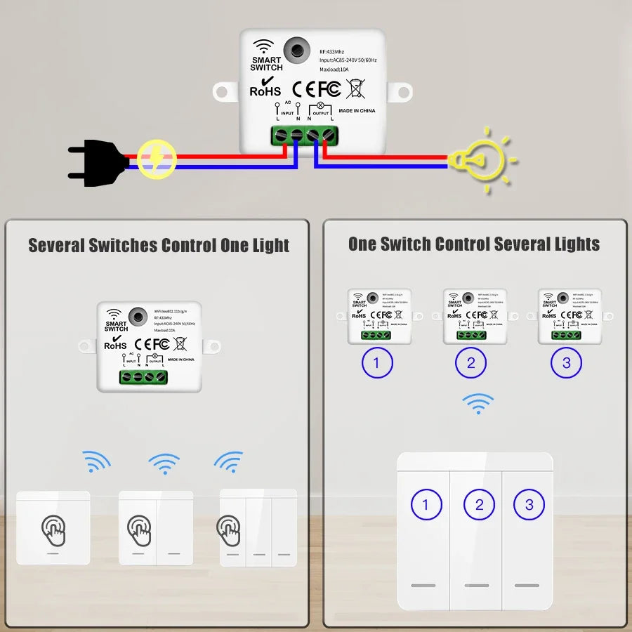 Wireless Smart Light Switch with 1/2/3 Gang RF 433MHz Remote Control Relay Receiver for Led Lamp AC 85-240V 10A DIY Module