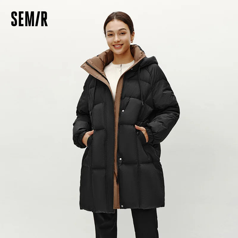 Semir Down Jacket Women Long Length Hooded Black Coat 2025 Winter New Loose Outerwear Fashion Women's down coat
