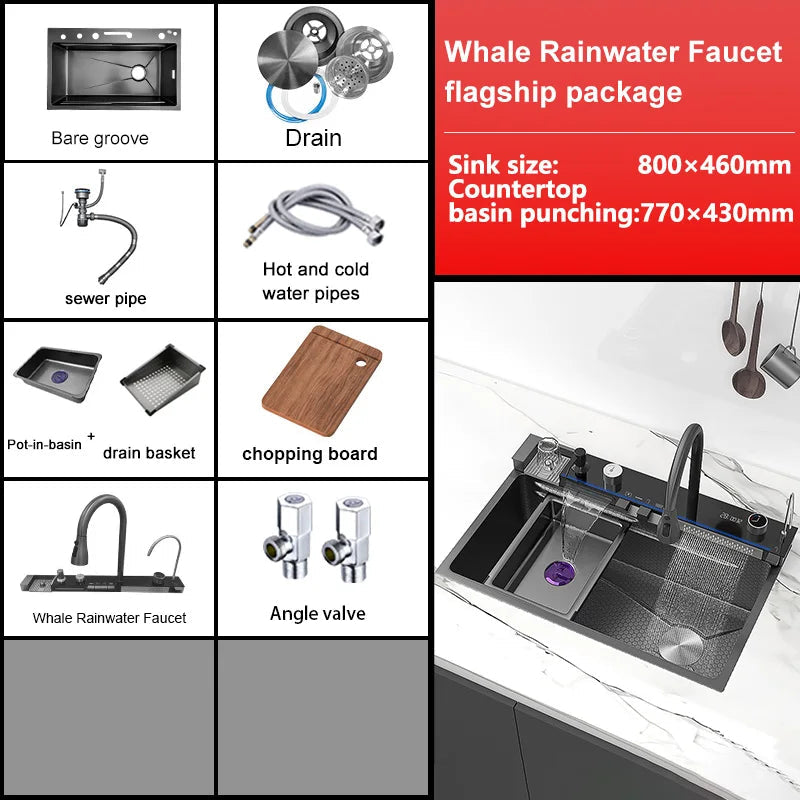 MultiFunction Waterfall Wash Vegetables Basin Stainless Steel Large Single Slot With Smart Digital Display Faucet Kitchen Sink Smart_Life_Tech