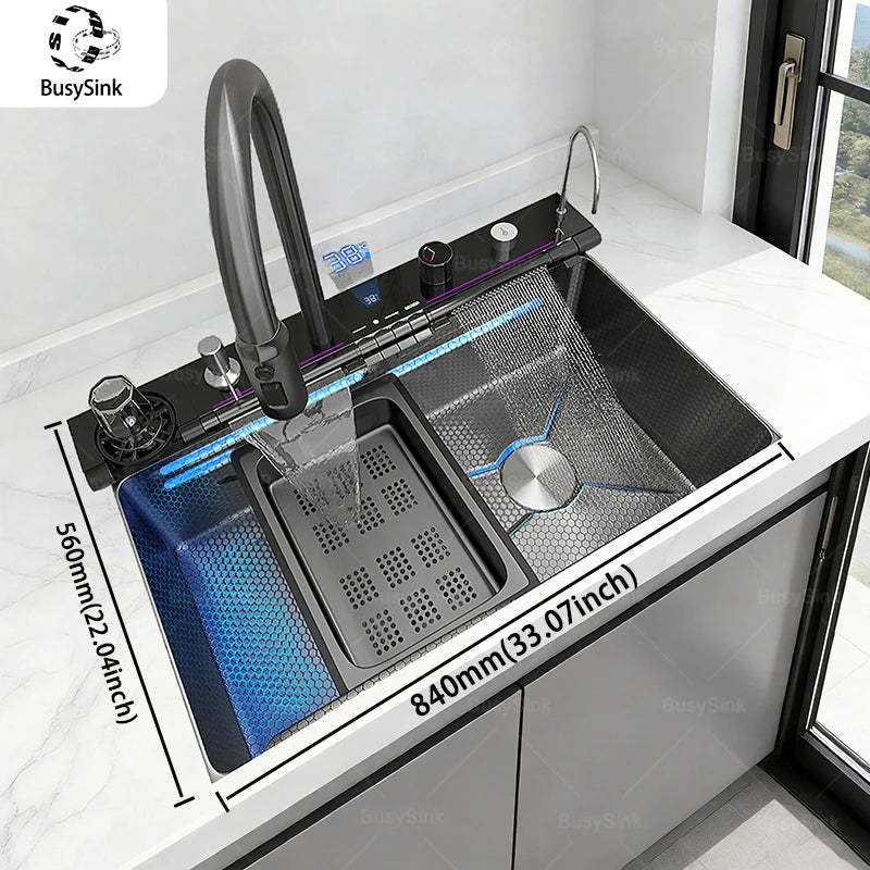 MultiFunction Waterfall Wash Vegetables Basin Stainless Steel Large Single Slot With Smart Digital Display Faucet Kitchen Sink Smart_Life_Tech