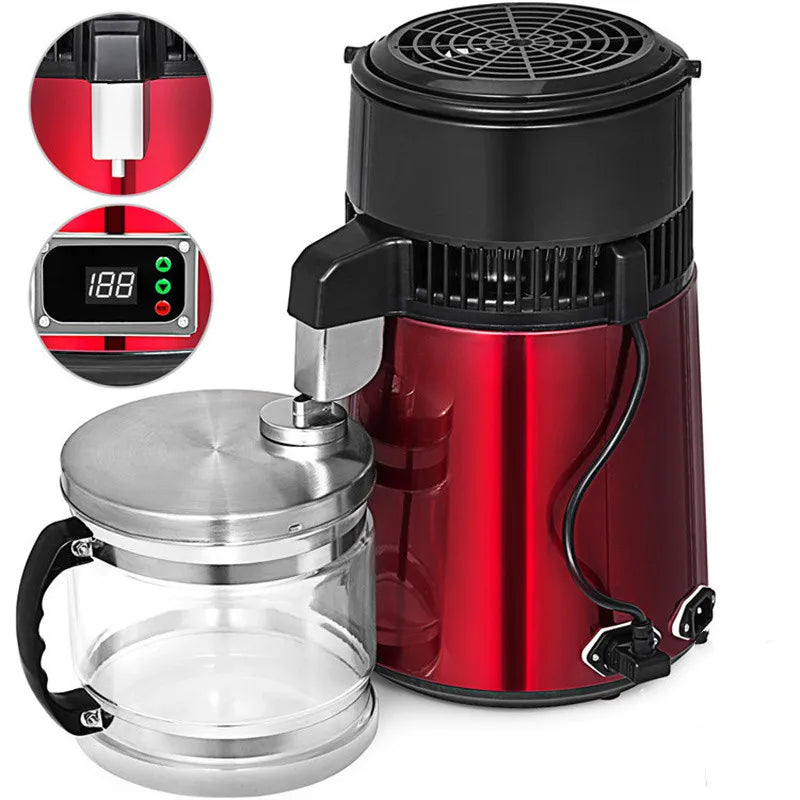 Water Distiller W/ Glass Container;750W,1.1Gal/4L Capacity;Distill Water up to 0.26Gal/1L per Hour and About 6Gal/23L per Day(Du