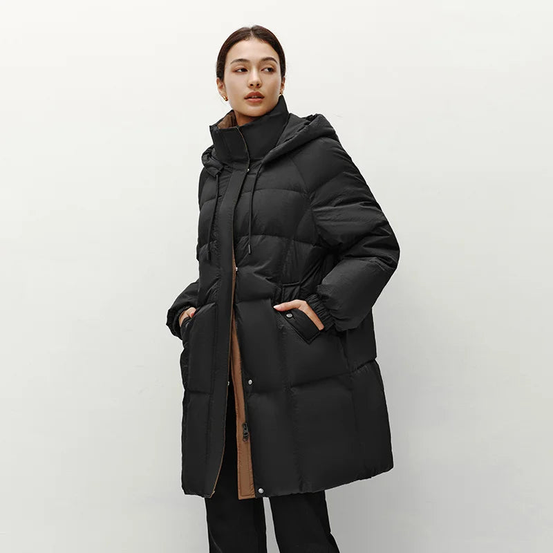 Semir Down Jacket Women Long Length Hooded Black Coat 2025 Winter New Loose Outerwear Fashion Women's down coat