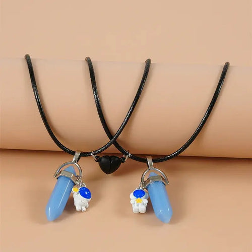2PCS Luminous Hexagonal Column Couple Magnetic Necklace for Women Romantic Natural Stone Geometric Pendant Astronaut Necklace Smart_Life_Tech