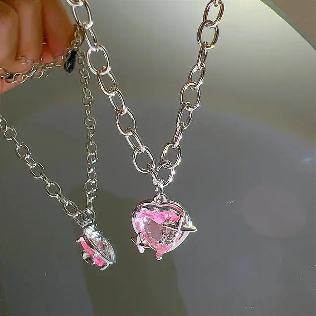 Y2K Pink Planet Heart Zircon Pendant Necklaces Women Fashion Aesthetic Clavicle Chain Necklace Valentines Day Gift Party Jewelry Smart_Life_Tech