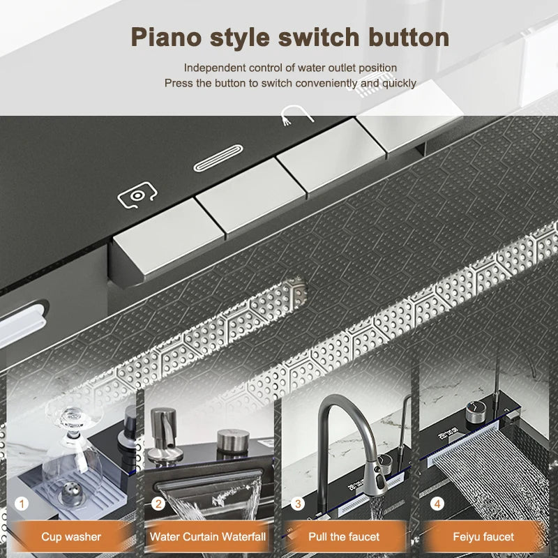 MultiFunction Waterfall Wash Vegetables Basin Stainless Steel Large Single Slot With Smart Digital Display Faucet Kitchen Sink Smart_Life_Tech