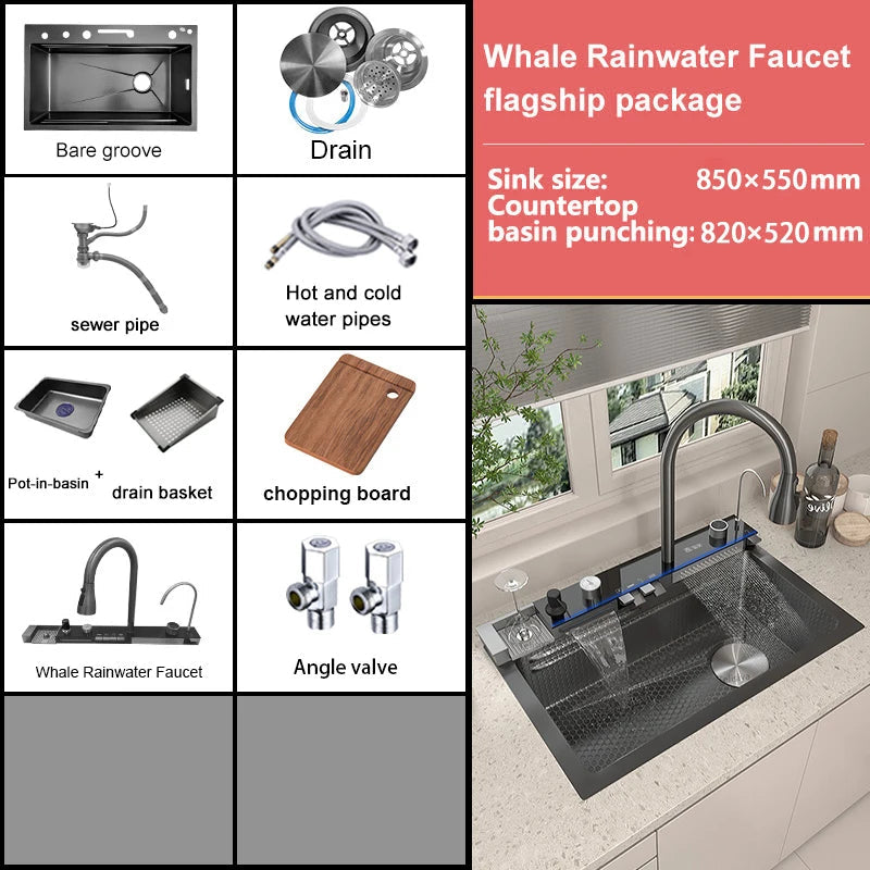 MultiFunction Waterfall Wash Vegetables Basin Stainless Steel Large Single Slot With Smart Digital Display Faucet Kitchen Sink Smart_Life_Tech