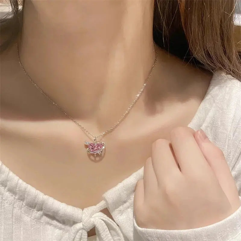 Y2K Pink Planet Heart Zircon Pendant Necklaces Women Fashion Aesthetic Clavicle Chain Necklace Valentines Day Gift Party Jewelry Smart_Life_Tech