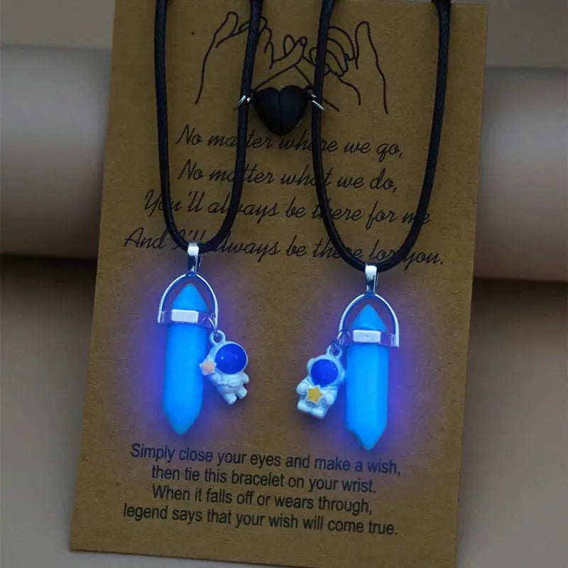 2PCS Luminous Hexagonal Column Couple Magnetic Necklace for Women Romantic Natural Stone Geometric Pendant Astronaut Necklace Smart_Life_Tech