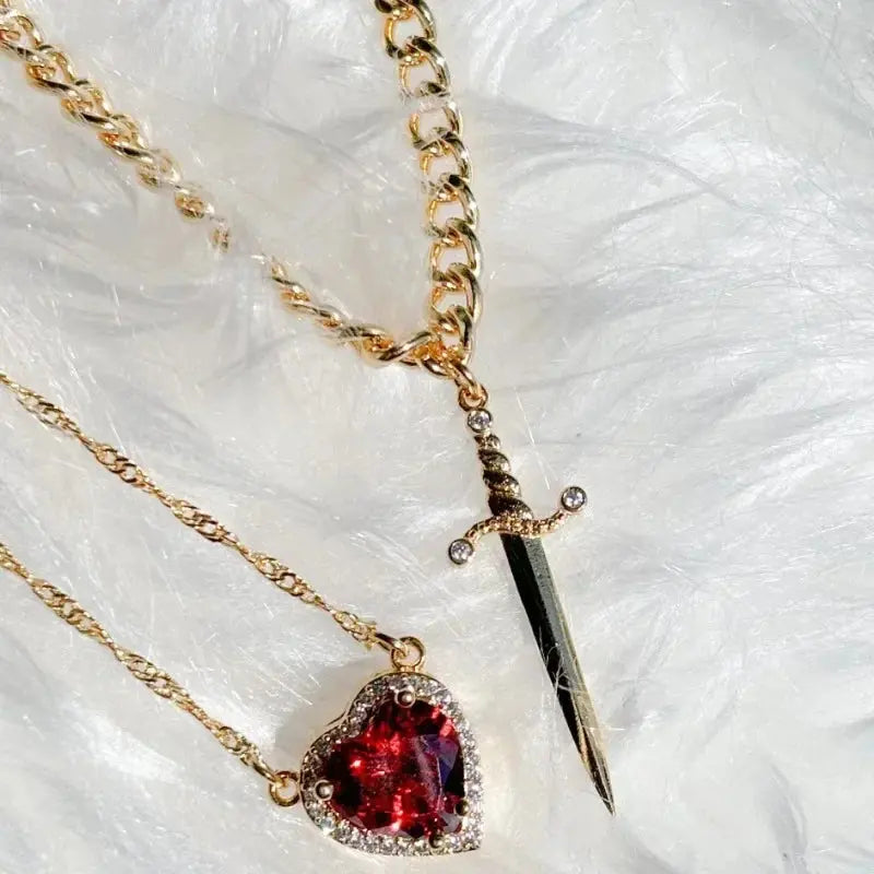 Heart and Sword Necklace Set of 2 - 18K Gold Plated STAINLESS STEEL Crystal Couple Necklaces for Women Men Boyfriend Girlfriend Smart_Life_Tech