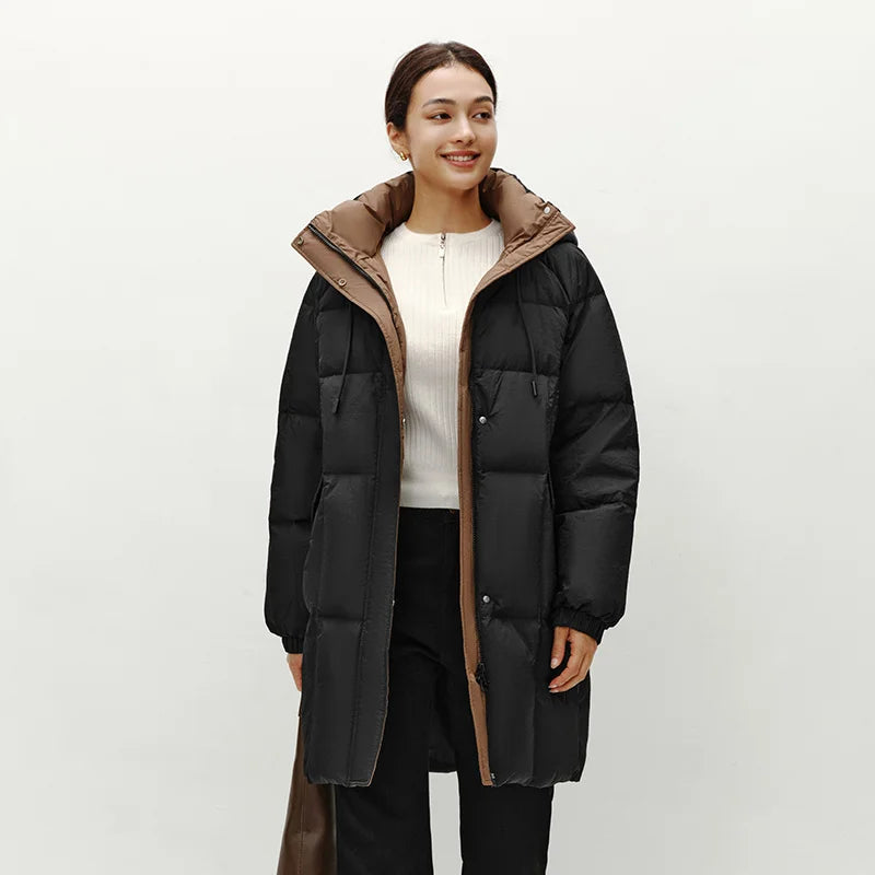 Semir Down Jacket Women Long Length Hooded Black Coat 2025 Winter New Loose Outerwear Fashion Women's down coat