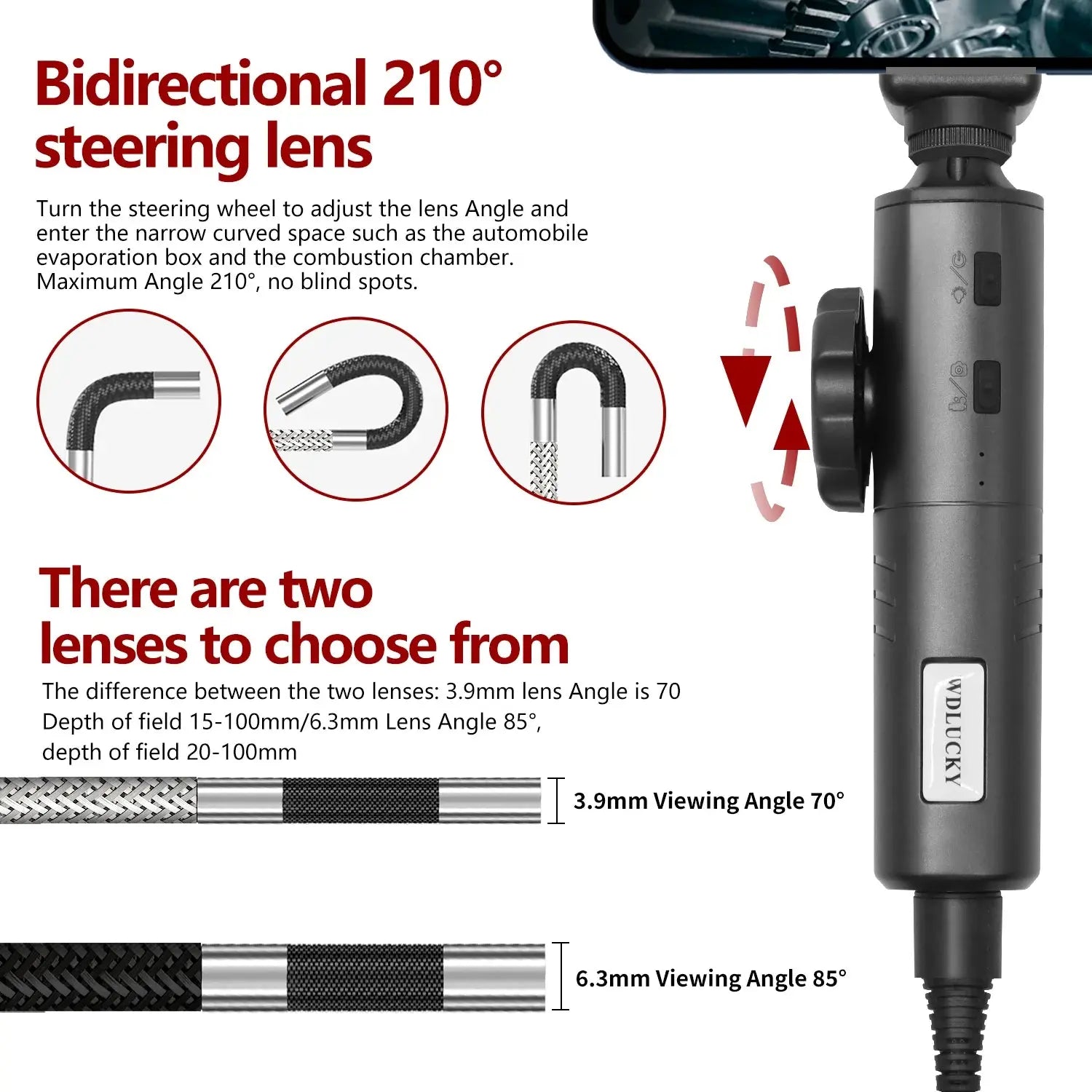 WDLUCKY 360° Two-Way Articulating Borescope Industrial Endoscope 3.9mm Car Sewer Inspection Camera with Light for  IOS Android Smart_Life_Tech