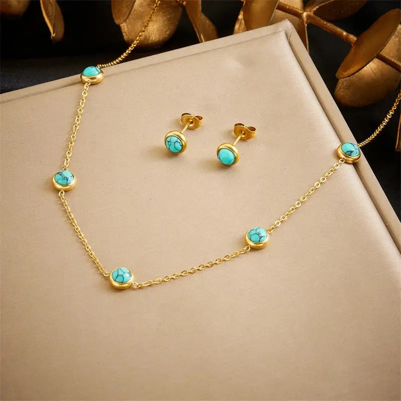 DIEYURO 316L Stainless Steel Round Turquoise Necklace Bracelet Earrings Suit For Womens 2024 New TrendNon-fadingjewelry Set Smart_Life_Tech