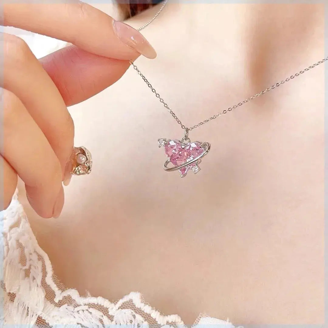 Y2K Pink Planet Heart Zircon Pendant Necklaces Women Fashion Aesthetic Clavicle Chain Necklace Valentines Day Gift Party Jewelry Smart_Life_Tech