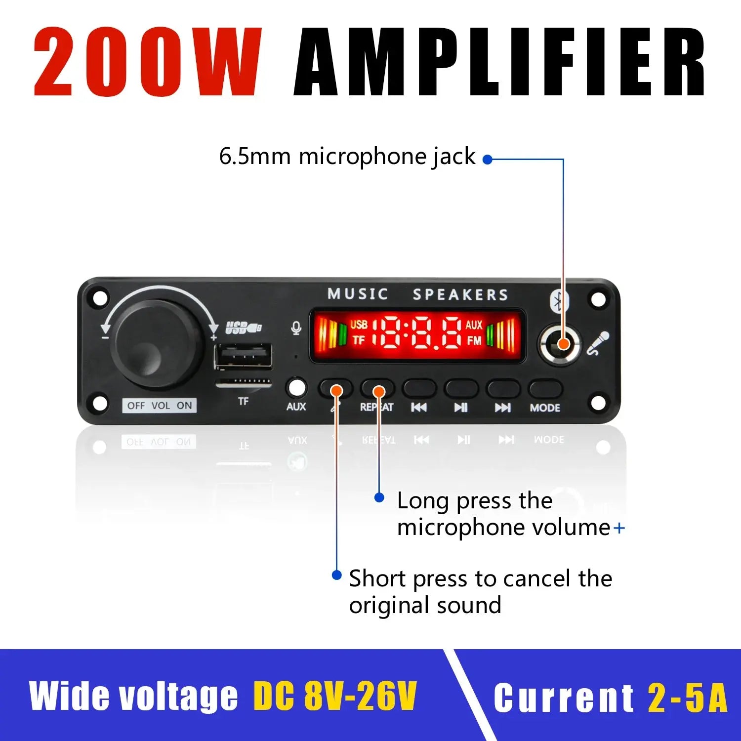 NEW 200W  Amplifier Bluetooth DIY MP3 WAV Decoder Board DC 12V 100W  Wireless Car USB MP3 Player TF Card Slot USB FM with Mic Smart_Life_Tech