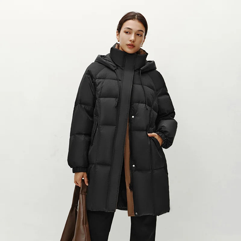 Semir Down Jacket Women Long Length Hooded Black Coat 2025 Winter New Loose Outerwear Fashion Women's down coat