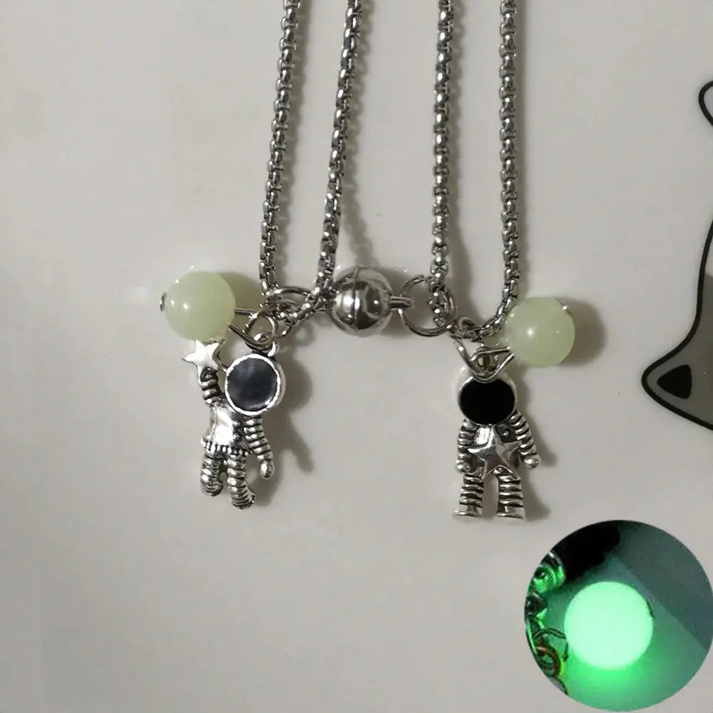 2PCS Luminous Hexagonal Column Couple Magnetic Necklace for Women Romantic Natural Stone Geometric Pendant Astronaut Necklace Smart_Life_Tech