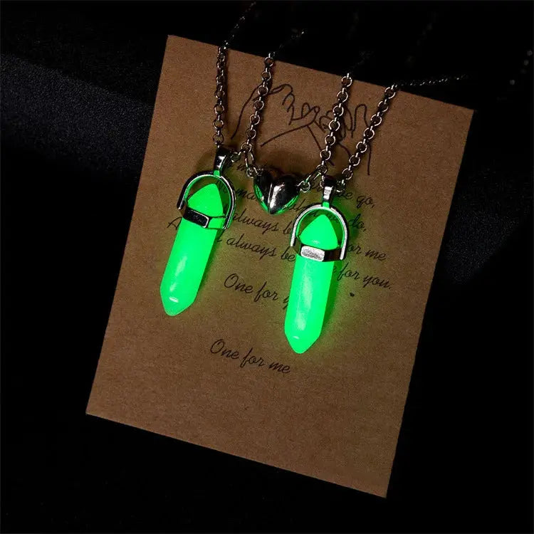 2PCS Luminous Hexagonal Column Couple Magnetic Necklace for Women Romantic Natural Stone Geometric Pendant Astronaut Necklace Smart_Life_Tech
