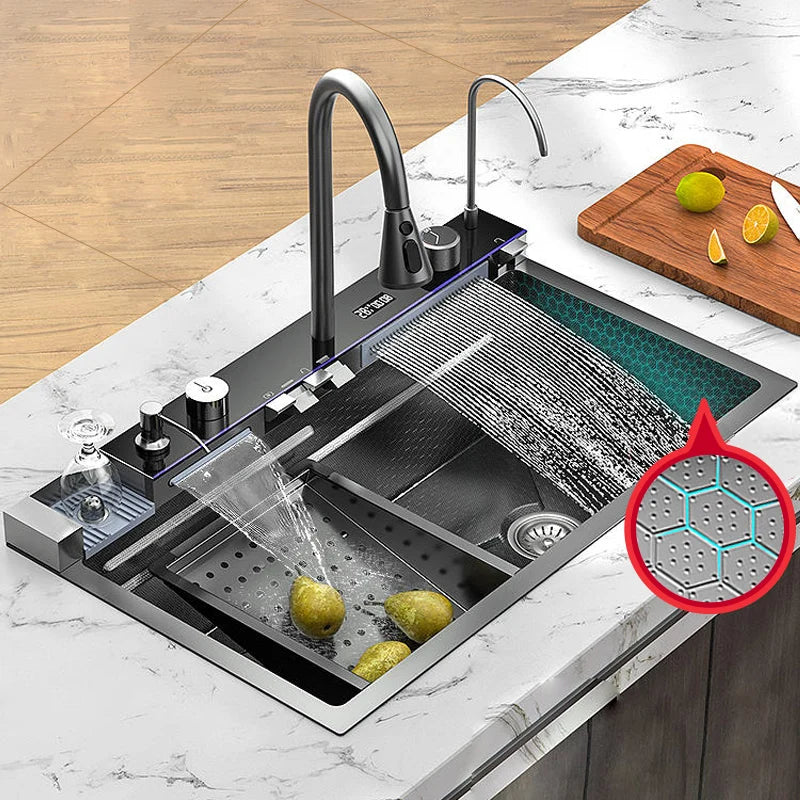 MultiFunction Waterfall Wash Vegetables Basin Stainless Steel Large Single Slot With Smart Digital Display Faucet Kitchen Sink Smart_Life_Tech