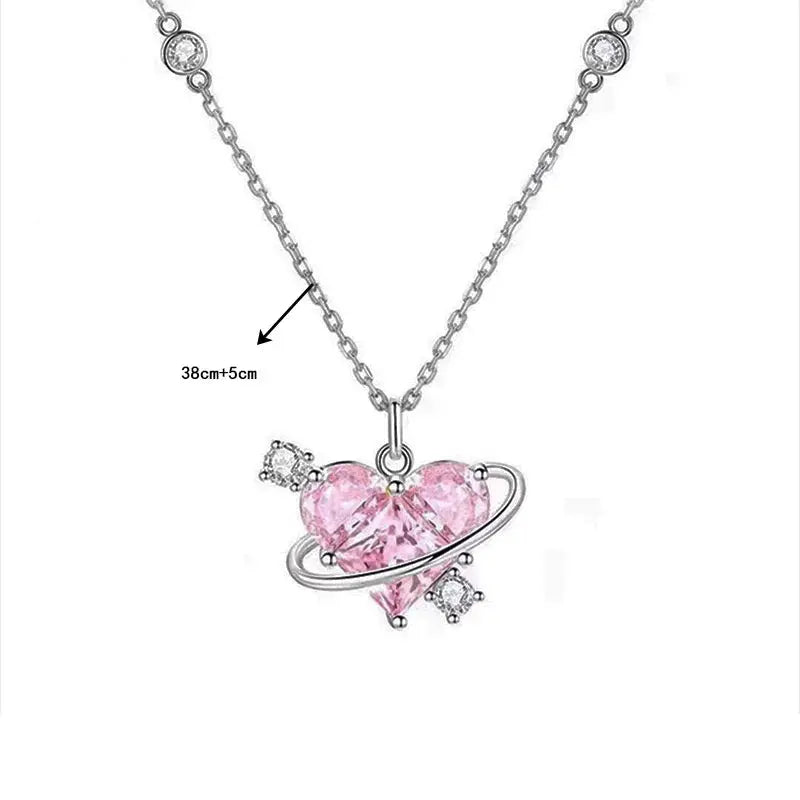 Y2K Pink Planet Heart Zircon Pendant Necklaces Women Fashion Aesthetic Clavicle Chain Necklace Valentines Day Gift Party Jewelry Smart_Life_Tech