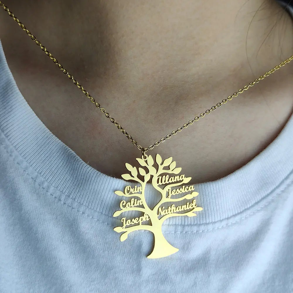 Custom Tree Of Life Name Necklace Personalized Mother Kids Family Member Names Gold Stainless Steel Pendant choker Jewelry Gifts Smart_Life_Tech