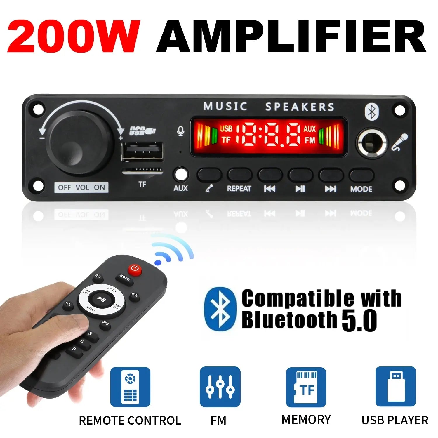 NEW 200W  Amplifier Bluetooth DIY MP3 WAV Decoder Board DC 12V 100W  Wireless Car USB MP3 Player TF Card Slot USB FM with Mic Smart_Life_Tech