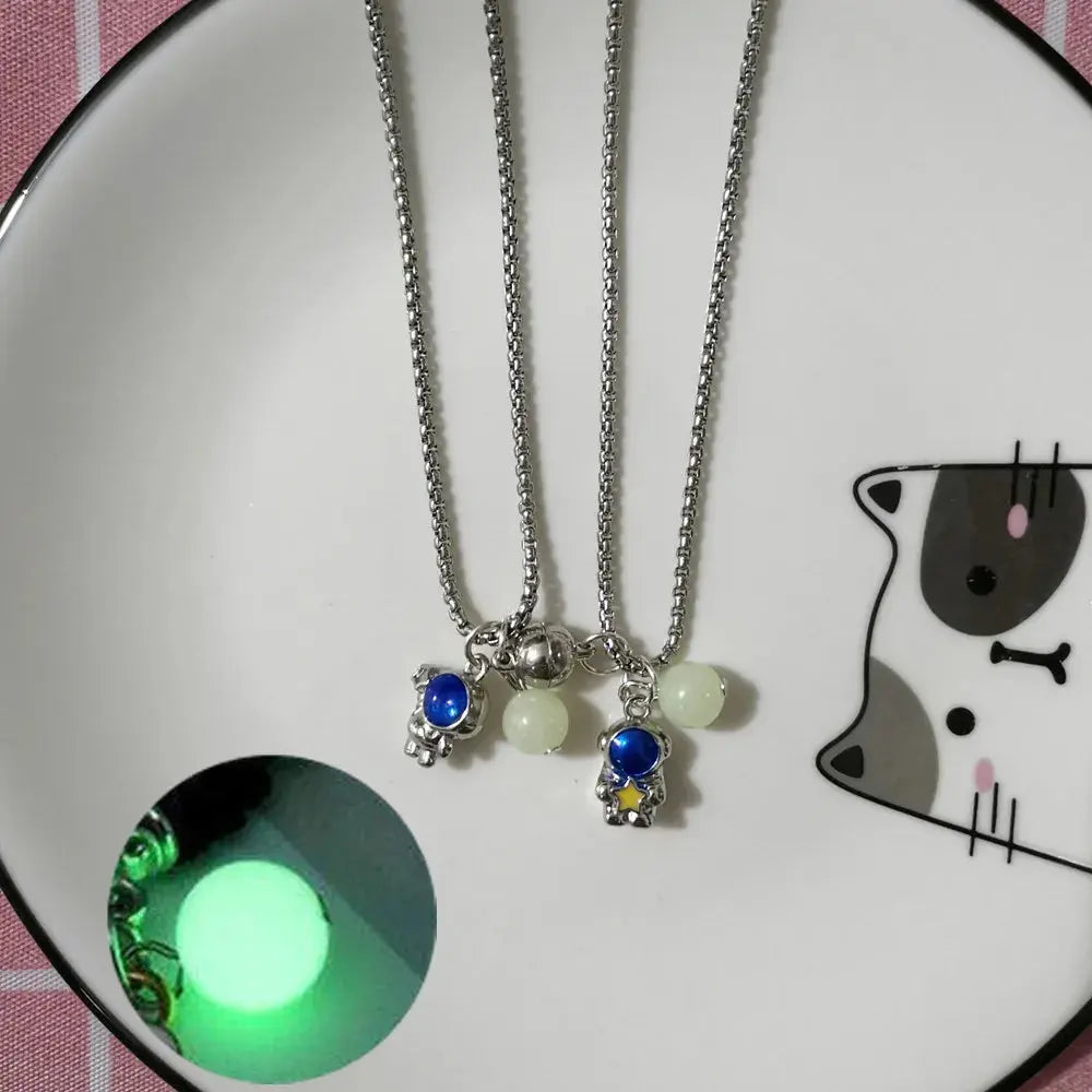 2PCS Luminous Hexagonal Column Couple Magnetic Necklace for Women Romantic Natural Stone Geometric Pendant Astronaut Necklace Smart_Life_Tech