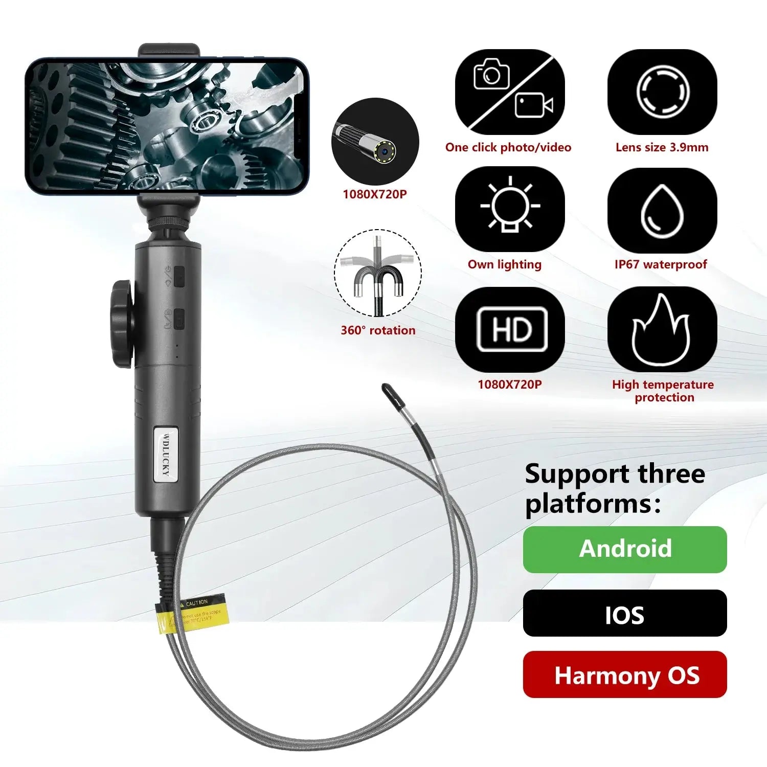 WDLUCKY 360° Two-Way Articulating Borescope Industrial Endoscope 3.9mm Car Sewer Inspection Camera with Light for  IOS Android Smart_Life_Tech