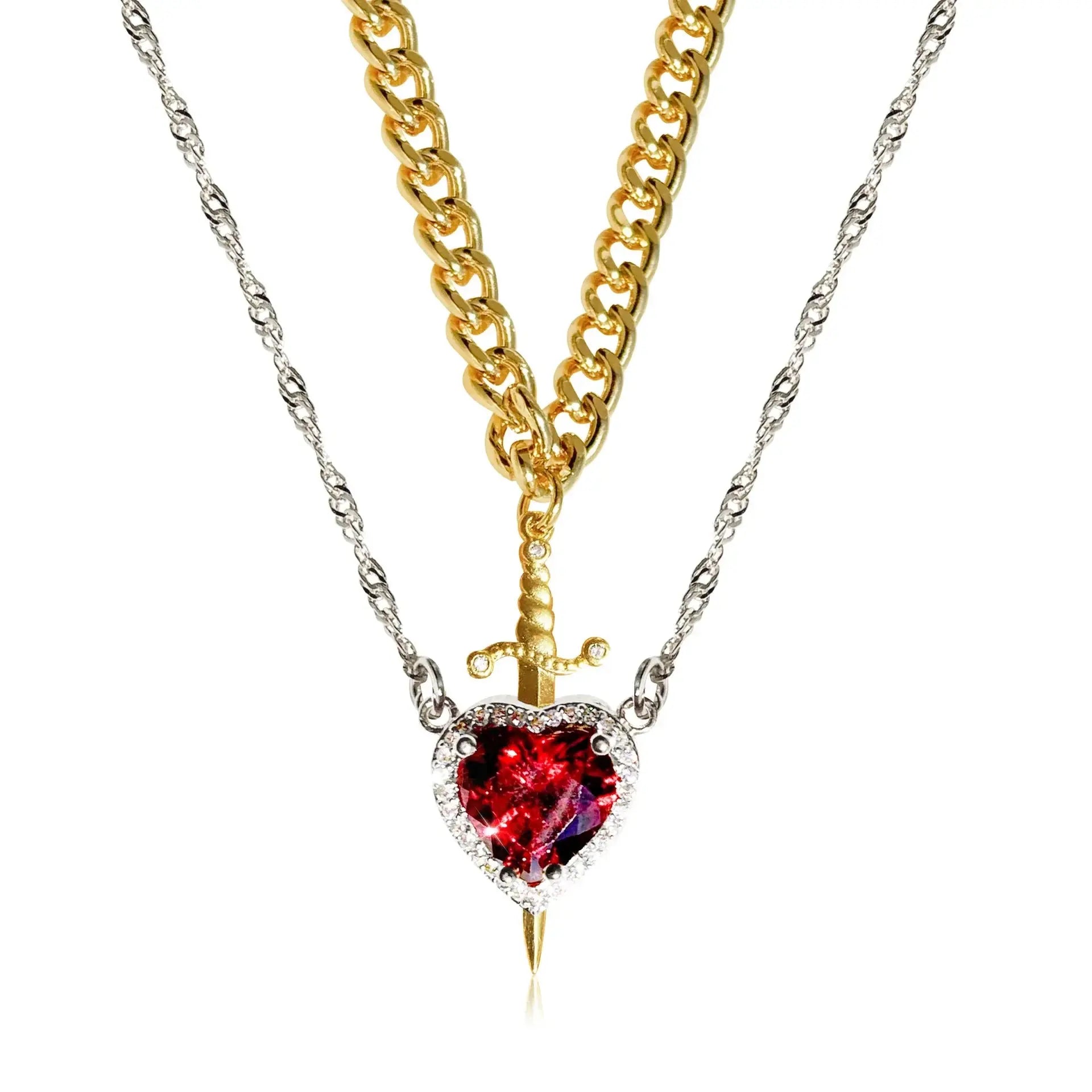 Heart and Sword Necklace Set of 2 - 18K Gold Plated STAINLESS STEEL Crystal Couple Necklaces for Women Men Boyfriend Girlfriend Smart_Life_Tech